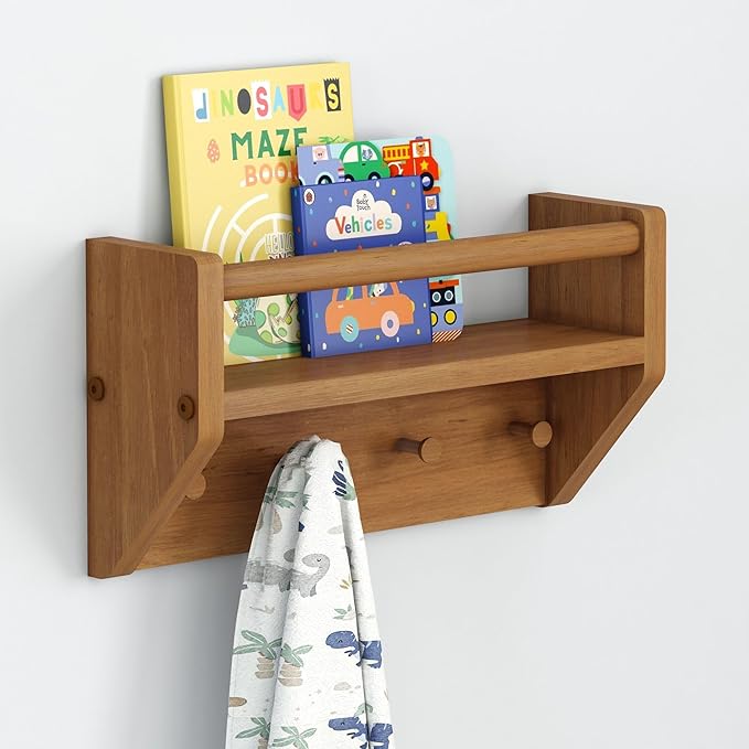 Max & Lily Wall Shelf with Pegs, 16 Inch Floating Bookshelf for Kids Room, Solid Wood Wall-Mounted Storage Shelf with Hooks for Backpacks, Jackets & Décor, Pecan