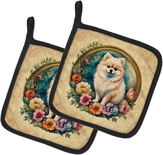 Caroline's Treasures Pomeranian and Flowers Pair of Pot Holders Kitchen Heat Resistant Pot Holders Sets Oven Hot Pads for Cooking Baking BBQ, 7 1/2 x 7 1/2