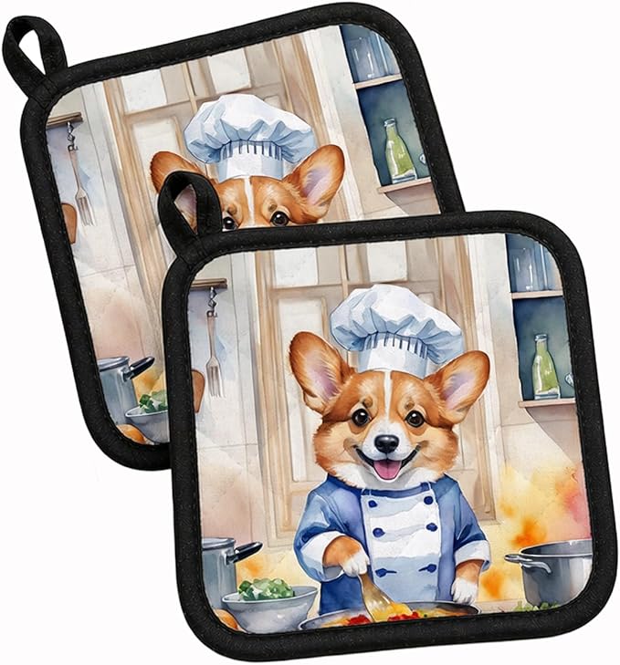 Caroline's Treasures Corgi The Chef Pair of Pot Holders Kitchen Heat Resistant Pot Holders Sets Oven Hot Pads for Cooking Baking BBQ, 7 1/2 x 7 1/2