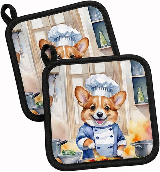 Caroline's Treasures Corgi The Chef Pair of Pot Holders Kitchen Heat Resistant Pot Holders Sets Oven Hot Pads for Cooking Baking BBQ, 7 1/2 x 7 1/2