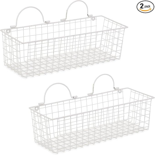 DII Farmhouse Vintage Decor, Wire Wall Basket, Medium, Antique White, 2 Piece