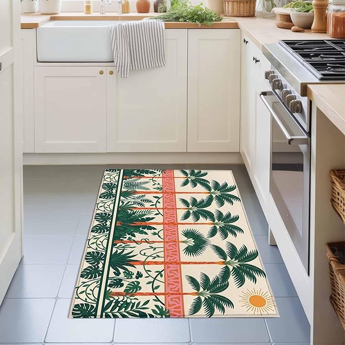 Area Rug 2x3ft, Vintage Sage Green Tall Palm Trees Washable Rugs for Living Room Bedroom, Summer Tropical Plants Soft Non-Slip Area Rugs Rectangle Floor Carpet for Dining Room