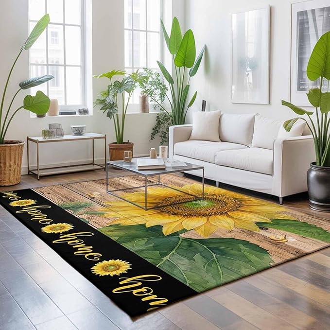 Area Rug 3x5ft, Summer Sunflowers Bees Washable Rugs for Living Room Bedroom, Farmhouse Wood Background Soft Non-Slip Area Rugs Rectangle Floor Carpet for Dining Room
