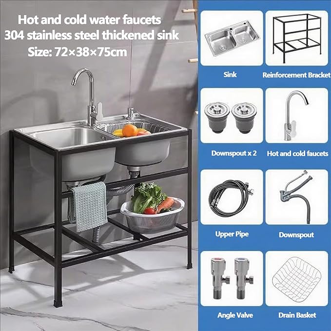 Double Bowl Stainless Steel Sink,FreeStanding Stainless Steel Outdoor Laundry Tub,with Black Storage Shelves, for Garage, Restaurant, Kitchen