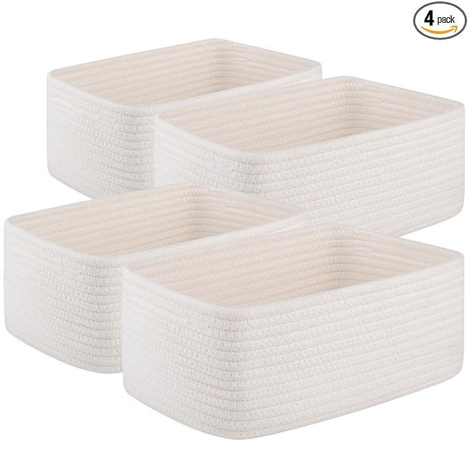 OIASKET 4 Pack Small Storage Shelf Baskets for Organizing, Mini Woven Rope Storage Bins for Towels, Cute Decorative Closet Organizer，Baby Nursery, Gift Empty Baskets -13''Lx8.66''Wx5.11''H-White