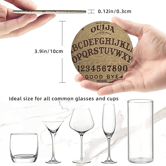 Ouija Board Leather Drinks Coasters with Holder, Set of 6, Suitable for Various Cups