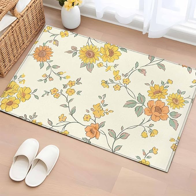 Area Rug 2x3ft, Orange Yellow Flowers Wild Vines Washable Rugs for Living Room Bedroom, Watercolor Floral Soft Non-Slip Area Rugs Rectangle Floor Carpet for Dining Room