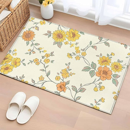 Area Rug 2x3ft, Orange Yellow Flowers Wild Vines Washable Rugs for Living Room Bedroom, Watercolor Floral Soft Non-Slip Area Rugs Rectangle Floor Carpet for Dining Room