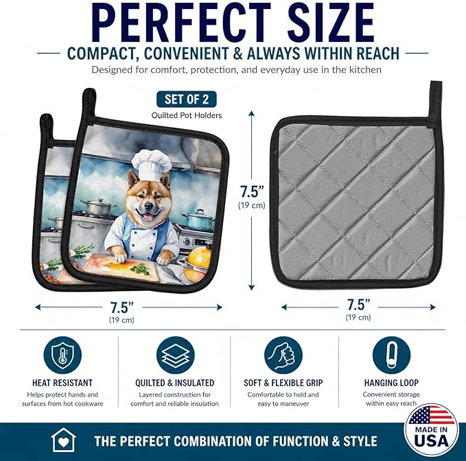 Caroline's Treasures Akita The Chef Pair of Pot Holders Kitchen Heat Resistant Pot Holders Sets Oven Hot Pads for Cooking Baking BBQ, 7 1/2 x 7 1/2