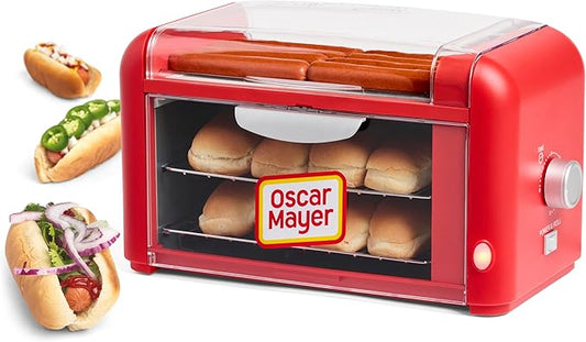 Nostalgia Oscar Mayer Extra Large 8 Hot Dog Roller & Bun Toaster Oven- Stainless Steel Grill Rollers for Cooking Veggie Sausages & Brats- Multi-Use Warming Oven with Adjustable Timer for Parties - Red