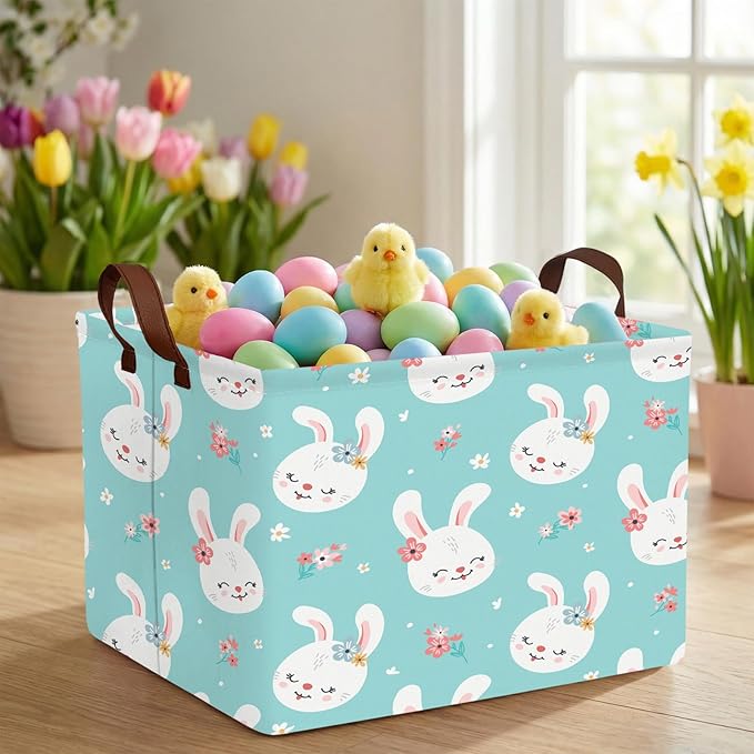 Kid Large Empty Easter Basket Gift Personalized Fabric Bunny Easter Basket for Boy and Girl Room Decor Storage Bin (Happy Rabbit Flower Blue)