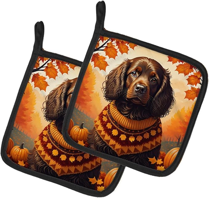 Caroline's Treasures DAC1027PTHD Boykin Spaniel Fall Pair of Pot Holders Kitchen Heat Resistant Pot Holders Sets Oven Hot Pads for Cooking Baking BBQ, 7 1/2 x 7 1/2