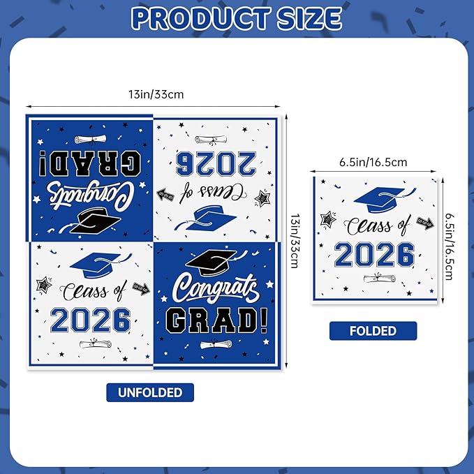 50 Pcs Graduation Napkins Decorations - Blue Class of 2026 Congrats GRAD 3-Ply Paper Cocktail Dinner Napkins Set for 2026 Graduation Party Supplies Table Decor Favors, 6.5 x 6.5 Inch