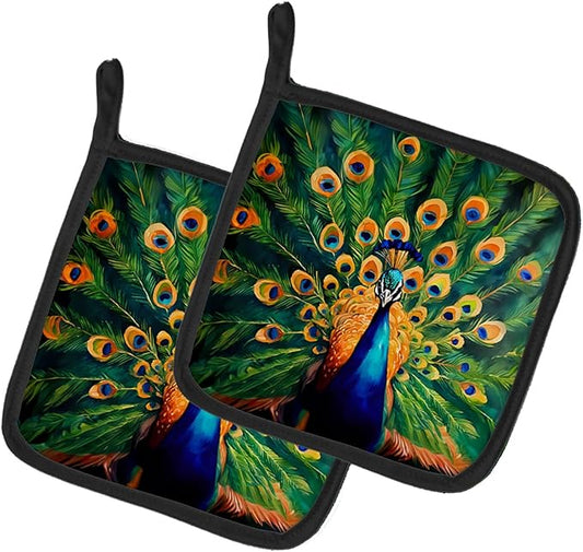 Caroline's Treasures Peacock Pair of Pot Holders Kitchen Heat Resistant Pot Holders Sets Oven Hot Pads for Cooking Baking BBQ, 7 1/2 x 7 1/2