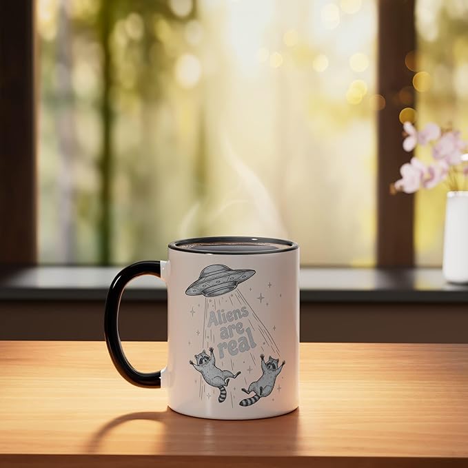 Aliens Are Real UFO Raccoon Abduction Ironic Meme Ceramic Mug, Black/White