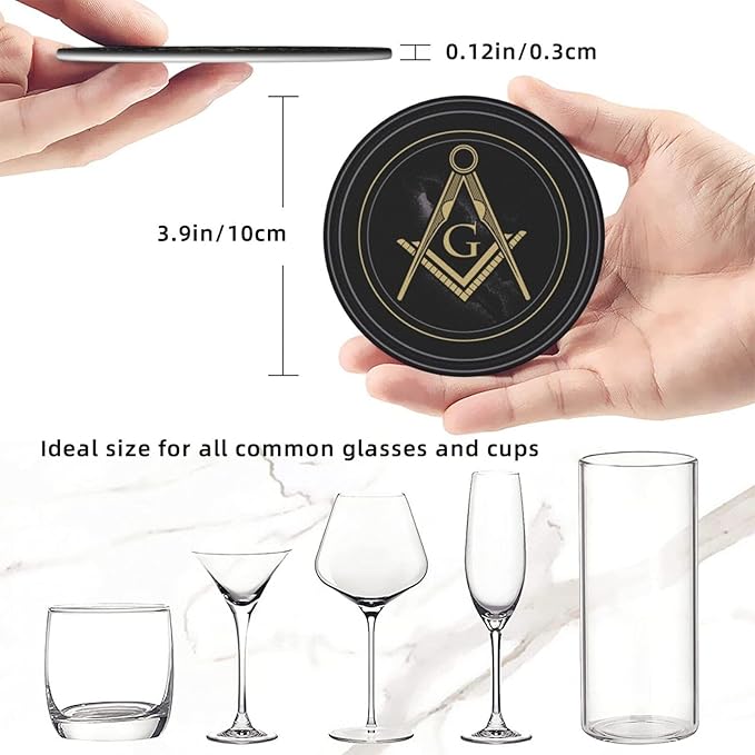 Masonic Freemason Black Leather Drinks Coasters with Holder, Set of 6, Suitable for Various Cups