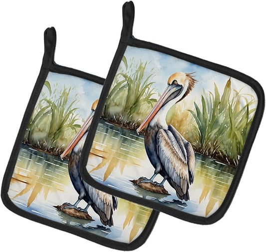 Caroline's Treasures Louisiana Brown Pelican Pair of Pot Holders Kitchen Heat Resistant Pot Holders Sets Oven Hot Pads for Cooking Baking BBQ, 7 1/2 x 7 1/2