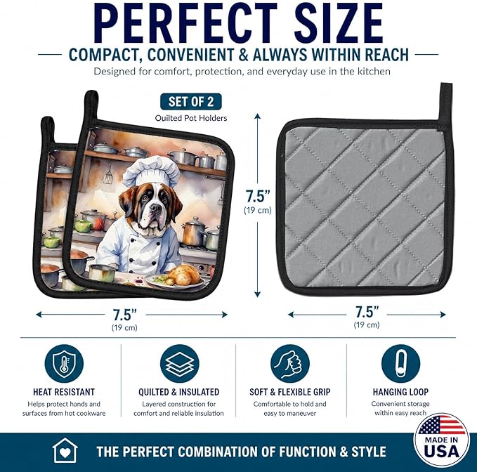 Caroline's Treasures Saint Bernard The Chef Pair of Pot Holders Kitchen Heat Resistant Pot Holders Sets Oven Hot Pads for Cooking Baking BBQ, 7 1/2 x 7 1/2