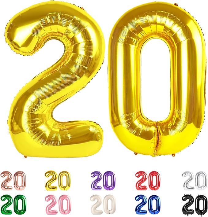 20 Balloons Number, 20th Birthday Decorations for Women Men, Numbers 20 Balloons 40 In Gold Birthday Party Decorations for Wedding, Celebration Party, Graduations