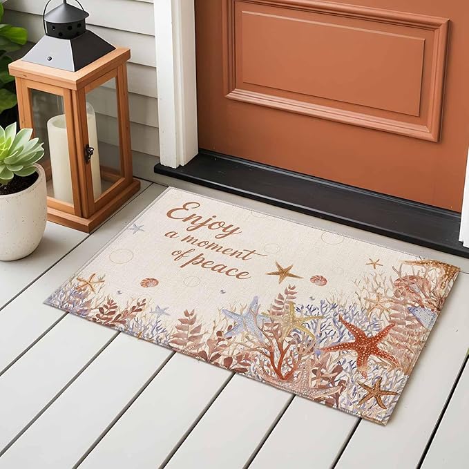 Area Rug 2x3ft, Orange Marine Starfish Coral Seaweed Washable Rugs for Living Room Bedroom, Peace Quote on Linen Soft Non-Slip Area Rugs Rectangle Floor Carpet for Dining Room