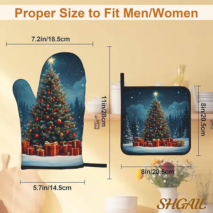 Christmas Winter Oven Mitts & Potholder Set of 4 - Heat Resistant Kitchen Gloves Hot Pads for Baking, Cooking, Gifts for Women