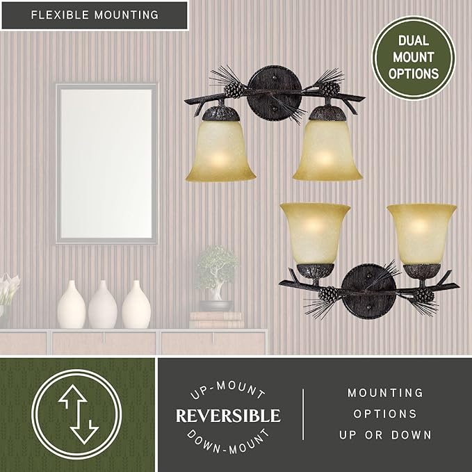 VAXCEL Sierra 2-Light 15 inch Wide Black Walnut Rustic Bathroom Vanity Lighting Fixture, Creme Cognac Glass Shade, Dimmable, LED Compatible, Pine Cone Motif, Reversible Wall Mounted Steel Sconce