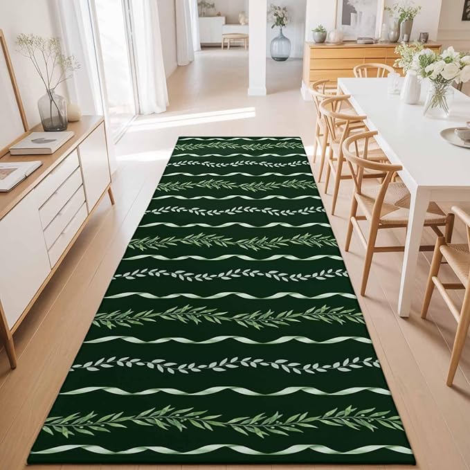 Runner Rug for Bedroom Hallway, Botanical Leaves Green Ribbons Kitchen Runner Rugs Area Rug 2x6ft, Summer Foliage Plant Washable Soft Floor Carpet for Entryway Stair