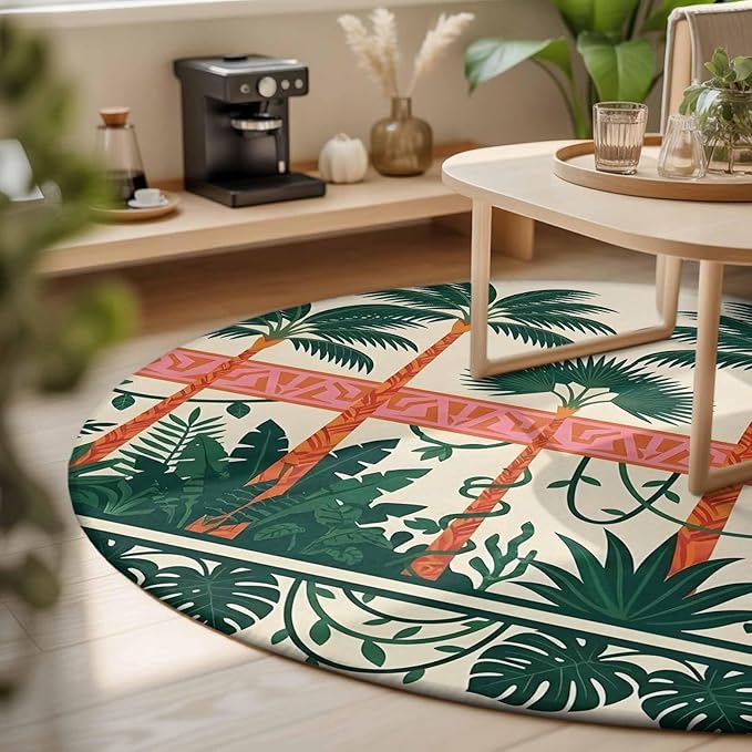 Washable Round Area Rug Vintage Sage Green Tall Palm Trees Circle Rugs Floor Carpet for Living Room Bedroom, Summer Tropical Plants Soft Non Slip Round Rug 3ft