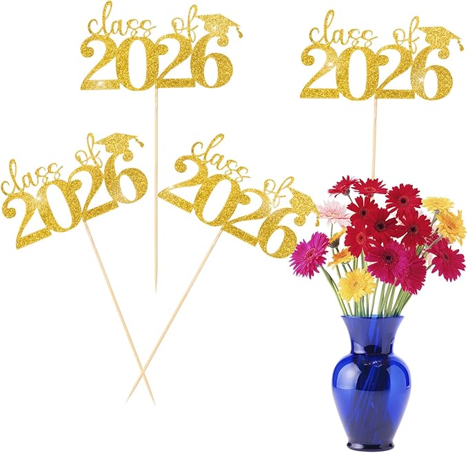 MixTeach 12 Pack Glitter Class of 2026 Graduation Centerpieces Sticks for Tables Double-Sided Congrats Grad Class of 2026 Cap Table Topper for Graduation Table Party Decoration Supplies (Gold)