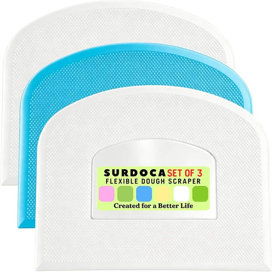 SURDOCA Dough Scraper Bench Scraper - 3P 9.5x6.1" Plastic Flexible Bowl Scraper, Sharp Edge & Angles Cake Scraper. Non-Slip Bakeware Decorating Tools Sculpting & Modeling Tools - White+Blue+White
