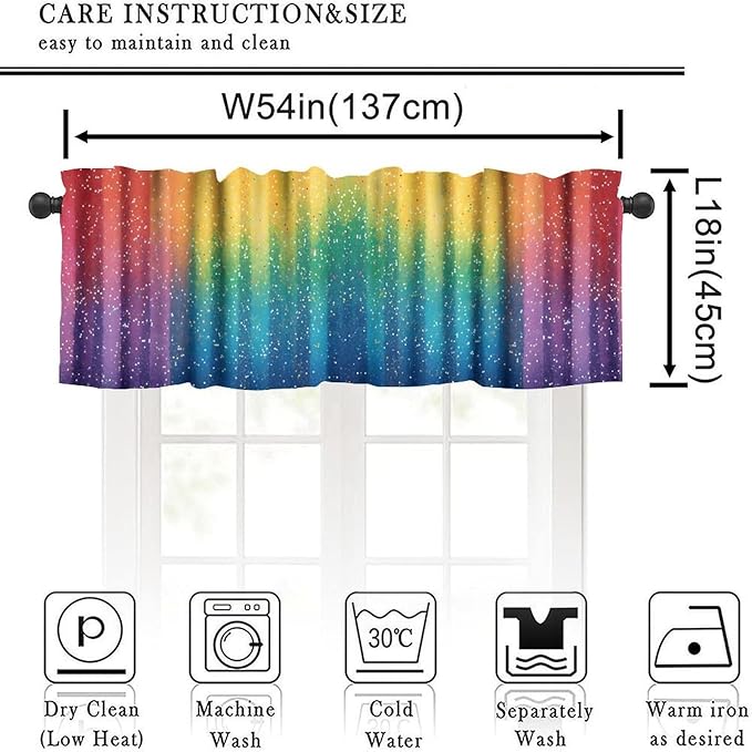 Rainbow Glitter Valance, Kids Colorful Magical Sparkle Art Short Rod Pocket Window Drapes for Kitchen Dining Room Bedroom Home Decor, 54x18Inch
