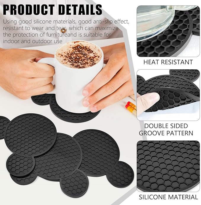 Mouse Ears Silicone Coasters Non-Slip Black Coasters for Hot or Cold Drinks, Beer, Coffee, Anti-Overflow Tabletop Protection Christmas Birthday Wedding Housewarming Home Decor Gifts