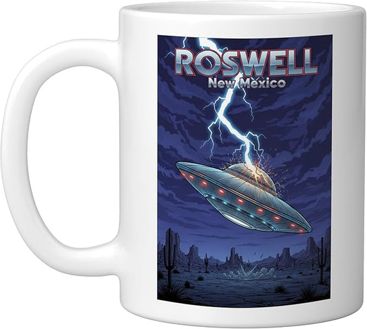 Roswell UFO Flying Saucer New Mexico Souvenir Lightning Ceramic Mug, White