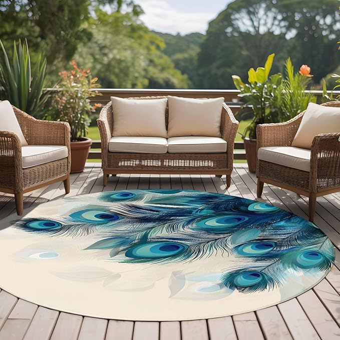 Washable Round Area Rug Abstract Animal Art Peacock Feather Circle Rugs Floor Carpet for Living Room Bedroom, Watercolor Blue Eyes Beige Soft Non Slip Round Rug 5ft