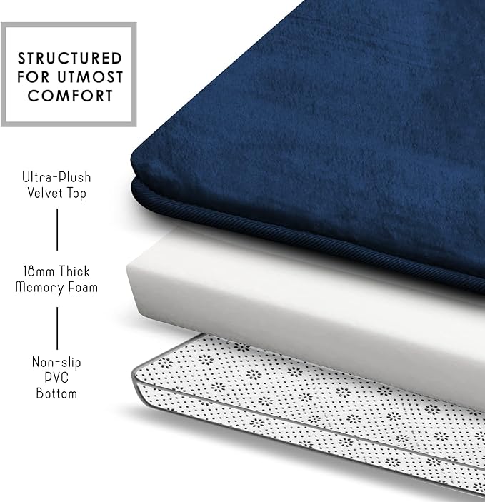 Clara Clark 2 Piece Bathroom Rugs Bath Mat Set, Velvet Memory Foam Bath Mats for Bathroom - Non-Slip, PVC Backing Bath Rugs, Washable - Dries Quickly, Blue