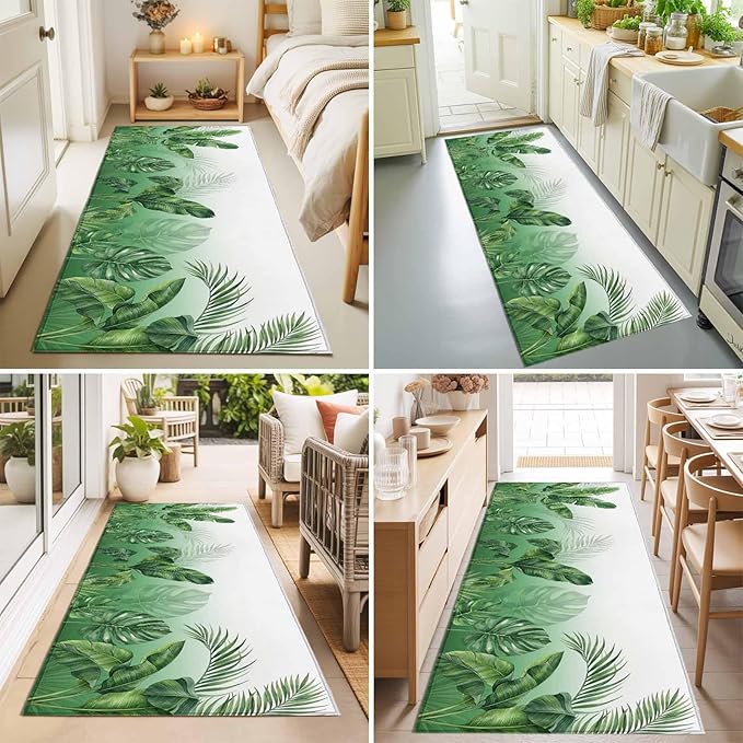 Runner Rug for Bedroom Hallway, Botanical Rainforest Plants Kitchen Runner Rugs Area Rug 2x6ft, Watercolor Tropical Banana Leaves Washable Soft Floor Carpet for Entryway Stair