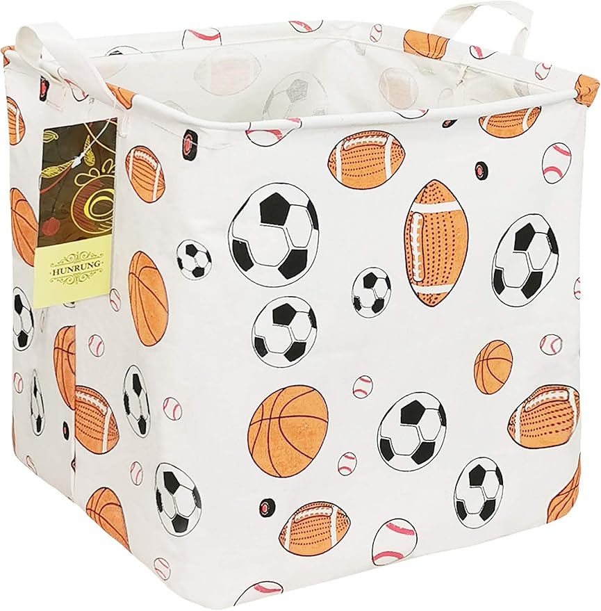 HUNRUNG Square Storage Bins Nursery Hamper Canvas Laundry Basket Foldable with Waterproof Nursery Boxes for Shelves/Gift Baskets/Toy Organizer/Office, Bedroom (Square-ball game)