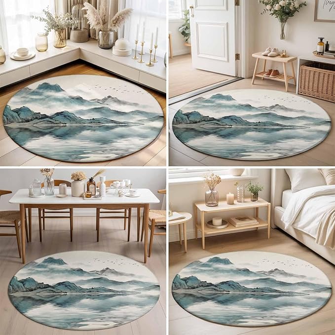 Washable Round Area Rug Chinese Zen Landscape Ombre Circle Rugs Floor Carpet for Living Room Bedroom, Abstract Mountain Lake Soft Non Slip Round Rug 5ft