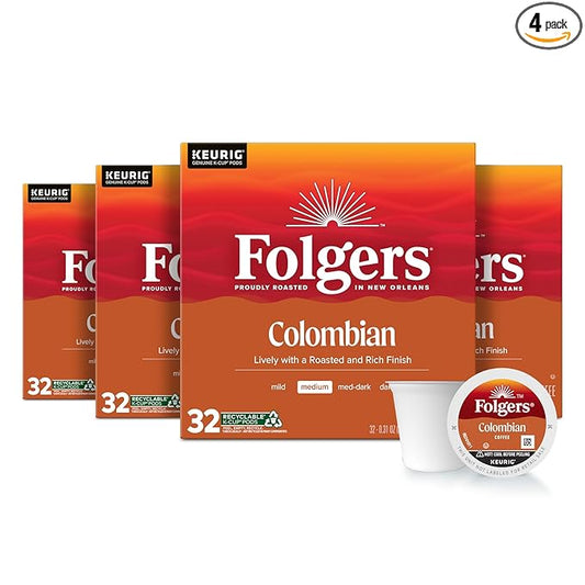 Folgers Colombian Coffee, Medium Roast, Keurig K-Cup Pods, 32 Count Boxes (Pack of 4)