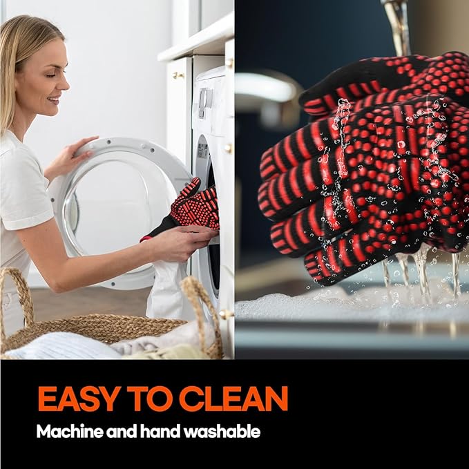 BBQ Gloves Heat and Flame Resistant Protection - Oven and Grill Gloves Hand Protection, Extended Wrist for Addtional Safety, Ideal for Outdoor Cooking, Grilling, Barbeque and Campfire (Red)