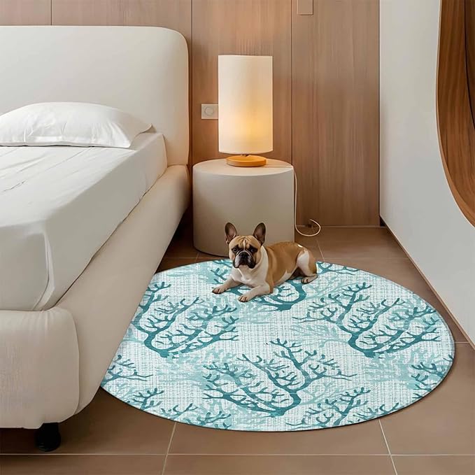 Washable Round Area Rug Coastal Sea Coral Retro Linen Circle Rugs Floor Carpet for Living Room Bedroom, Underwater Ocean Life Soft Non Slip Round Rug 5ft