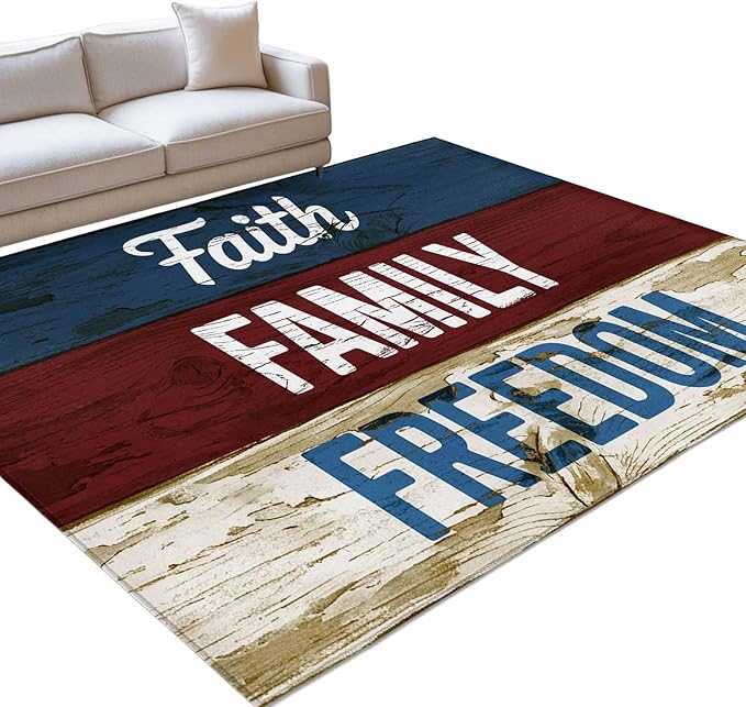 Area Rug 3x5ft, Independence Day USA Flag Washable Rugs for Living Room Bedroom, Vintage Wooden Grain Soft Non-Slip Area Rugs Rectangle Floor Carpet for Dining Room