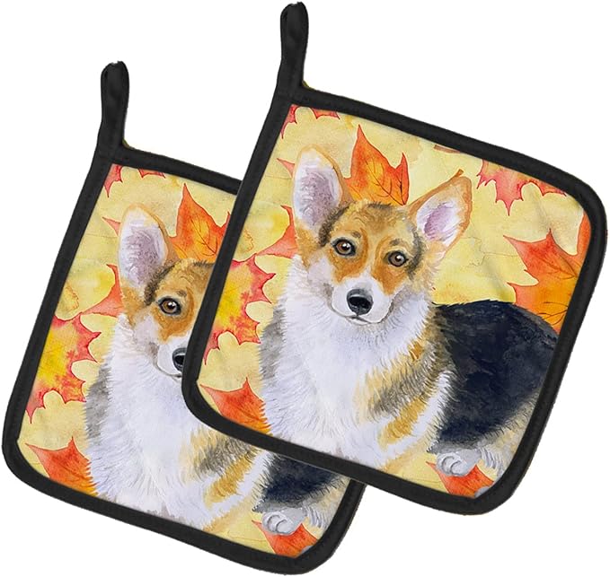 Caroline's Treasures BB9903PTHD Pembroke Corgi Fall Pair of Pot Holders, Yellow Kitchen Heat Resistant Pot Holders Sets Oven Hot Pads for Cooking Baking BBQ, 7 1/2 x 7 1/2