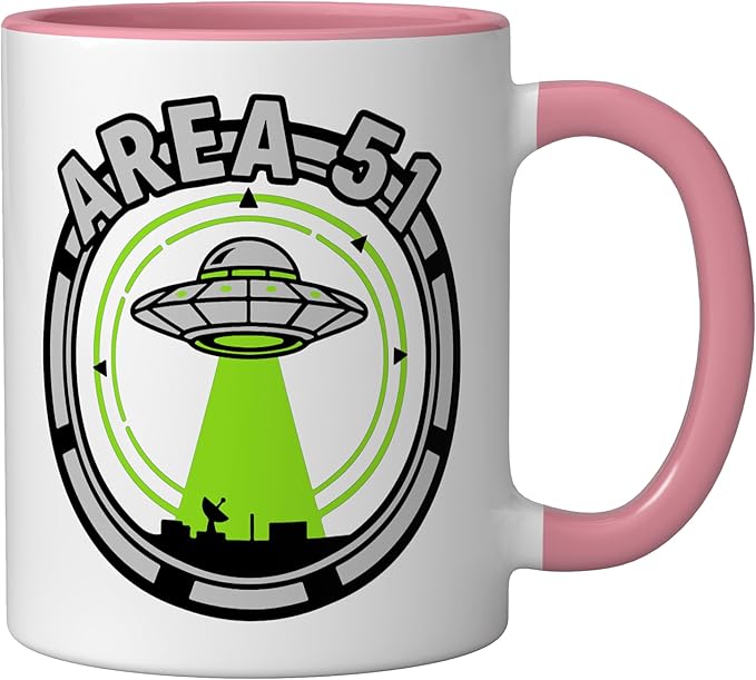 Area 51 UFO Alien Conspiracy Flying Saucer Design Ceramic Mug, Pink/White