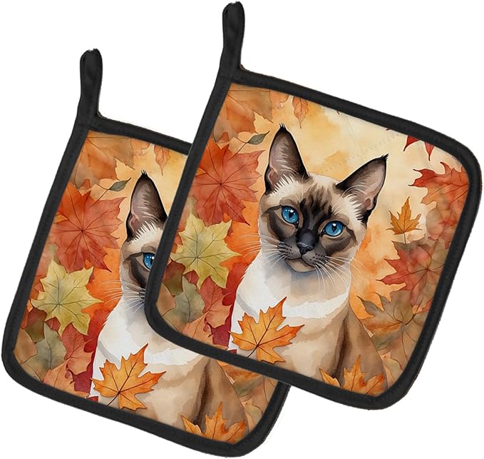Caroline's Treasures Siamese Cat in Fall Leaves Pair of Pot Holders Kitchen Heat Resistant Pot Holders Sets Oven Hot Pads for Cooking Baking BBQ, 7 1/2 x 7 1/2