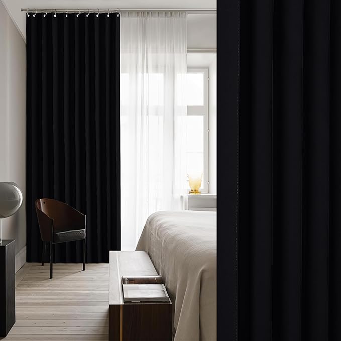 NICETOWN Patio Sliding Door Curtain 100 x 84, Blackout Thermal Pleated Shades with 21 Stainless Rings, Room Divider Curtain for Bedroom/Glass Door, Black Privacy Drape for Large Window, 1 Panel