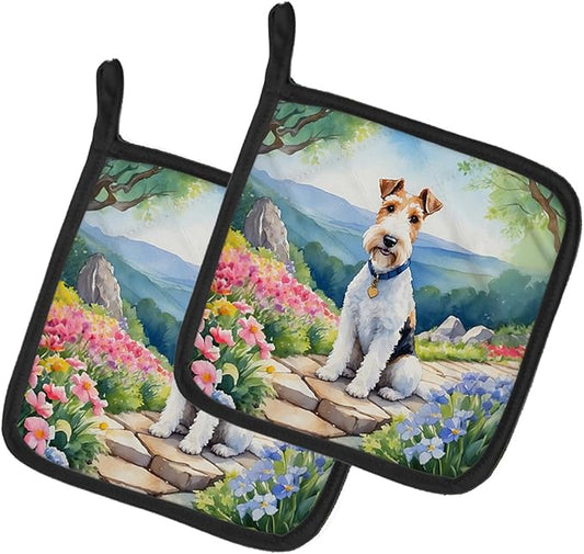 Caroline's Treasures Fox Terrier Spring Path Pair of Pot Holders Kitchen Heat Resistant Pot Holders Sets Oven Hot Pads for Cooking Baking BBQ, 7 1/2 x 7 1/2
