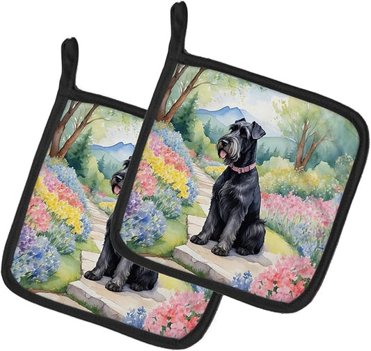 Caroline's Treasures Giant Schnauzer Spring Path Pair of Pot Holders Kitchen Heat Resistant Pot Holders Sets Oven Hot Pads for Cooking Baking BBQ, 7 1/2 x 7 1/2
