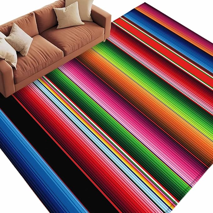 Area Rug 6x9ft, Mexico Art Colorful Stripes Washable Rugs for Living Room Bedroom, Color Gradient Lines Soft Non-Slip Area Rugs Rectangle Floor Carpet for Dining Room