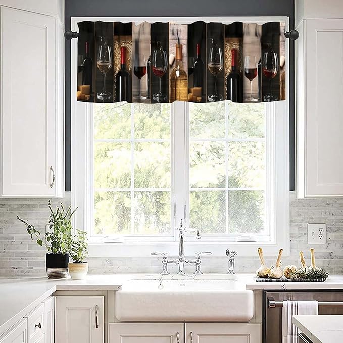 Red Wine Kitchen Valance, Wine Bottle Glass Collage Cheese Winery Short Window Drapes for Dining Room Resturant Pub Bars Decor, 54x18Inch